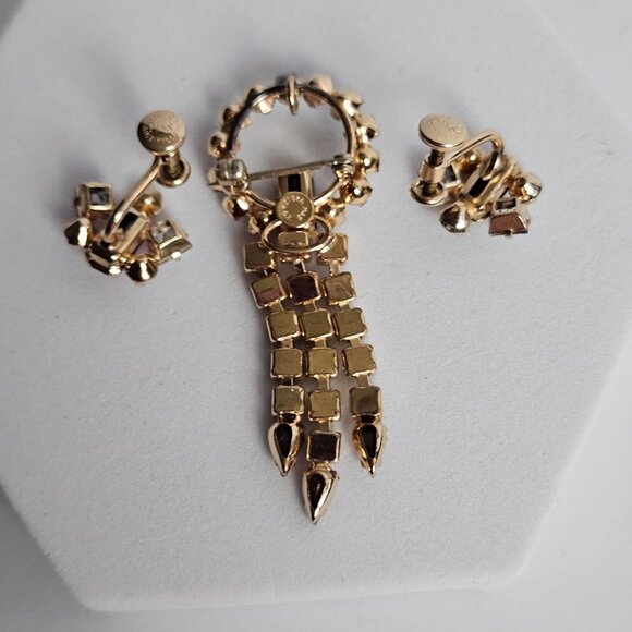 Vtg Marks & Spencer 12K Gold-Filled Rare Pink Rhinestone Brooch & Earrings Set - Picture 14 of 16